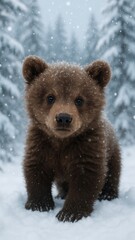 Obraz premium Adorable bear cub in snow mobile wallpaper