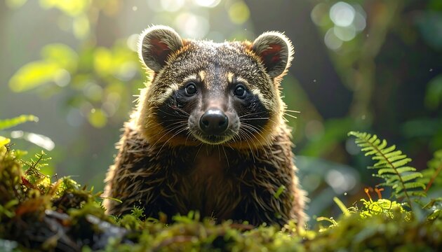 A close-up of a curious, masked coati peering out from lush foliage