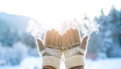 Warm Winter Gloves Releasing Steam Outdoors in the Sunlight