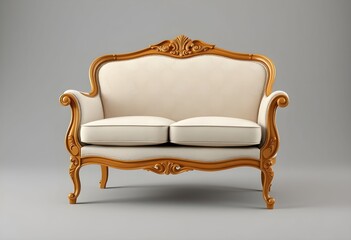 A luxurious wooden couch with cream-colored upholstery sits in a studio with a gray background