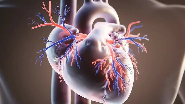 3D Rendering of a Human Heart with Arteries and Veins on Dark Brown Background