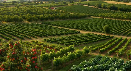 Aerial View of a Lush Vineyard and Orchard Landscape