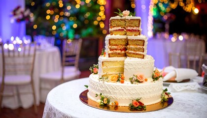 Wedding Cake on Table in Reception Decorated with Flowers