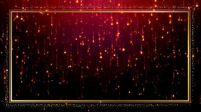 Elegant Golden Frame with Festive Glitter Rain on Dark Red Gradient Background