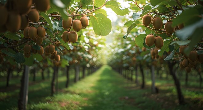 Kiwi Fruit Orchard: Rows of Ripening Kiwis on the Vine