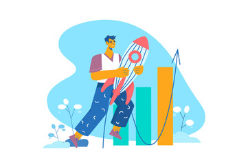 Man Holding Rocket Leaping Over Financial Growth Bar Chart in Transparent Background Achieving Business Growth Concept for Startup Success and Financial Vision