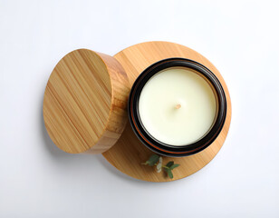 An aromatic candle in a wooden holder with the lid resting