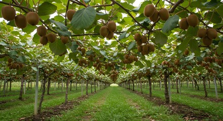 Kiwi Fruit Orchard: Rows of Fruit-Laden Vines