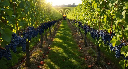 Fototapeta premium Vineyard Landscape with Ripe Grapes and Harvesting Machine