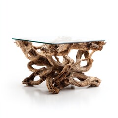 Unique coffee table with a square glass top supported by intricate, intertwined driftwood base