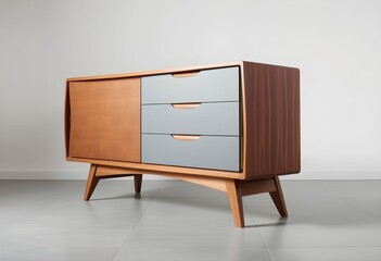 Fototapeta premium A stylish wooden sideboard with grey drawers stands in a modern room.