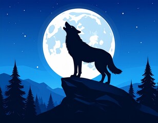 Vector Silhouette of Wolf Howling at Full Moon