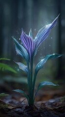 A glowing, ethereal plant with blue leaves and shimmering particles in a mystical forest