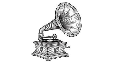 Vintage Engraving Style Phonograph Vector Illustration Isolated on White