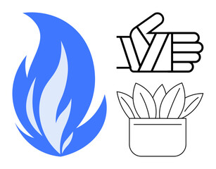 Blue flame represents energy, hand wrapped in bandage indicates care, potted plant symbolizes growth. Ideal for healthcare, energy, safety, sustainability, environment healing protection. Simple