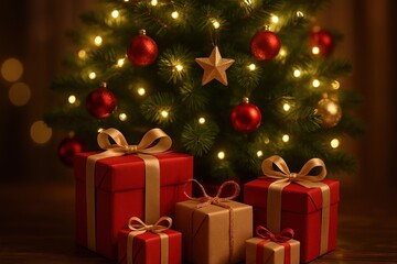 Festive gifts under Christmas tree.