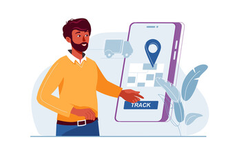 Man in Yellow Shirt Tracking Package on Smartphone App with Blue Map and Location Icon in Transparent Background