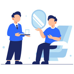 Flight Service Illustration Two Men Serving Guest in Airplane Seat Passenger Holding Cup Transparent Background Flat Vector Design