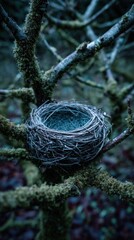 An empty bird's nest of twigs sits nestled in moss-covered branches, capturing a sense of peace