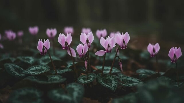 Close-up of delicate pink cyclamen flowers blooming on dark soil in natural garden setting