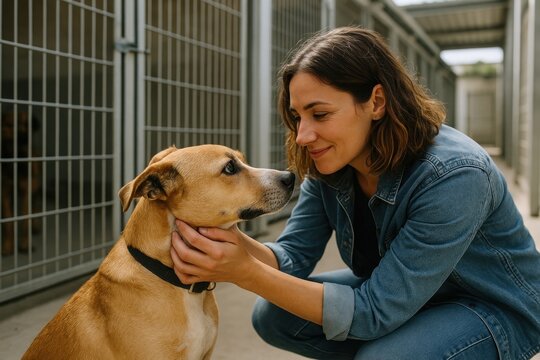 Woman bonding with shelter dog.