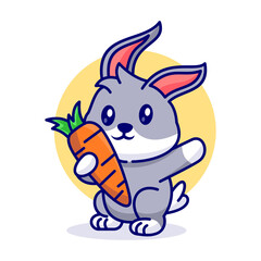 Cute Gray Rabbit Holding Carrot with Yellow Circle Isolated on Transparent Background