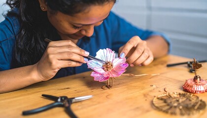Woman Crafting Flower Sculpture on Wooden Tabletop