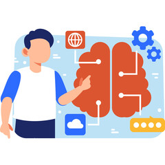 Man Pointing to Brain with Network Symbols on a Transparent Background in an Informative Digital Illustration