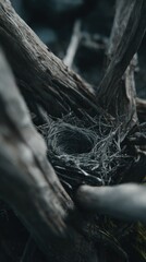 Close-up of a bird's nest nestled in the branches of a textured, weathered tree