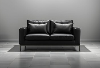 a sophisticated black leather sofa, sleek and modern design, minimalist living room setting, high-quality materials, elegant and luxurious, glossy finish, clean lines, sophisticated and timeless