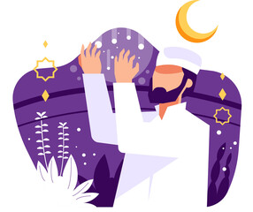 Man Praying with Raised Hands Under Crescent Moon in Graphic Style with Purple White Background for Ramadhan Theme Generative AI