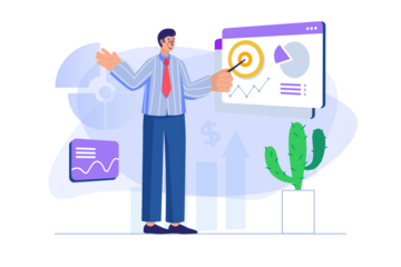 Man Presenting Target Graph on Transparent Background with Ascending Bar Graphs and Cactus in Pot in Minimalist Cartoon Style Vector Illustration