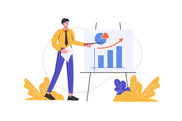Man Presents Business Data with Bar Chart and Pie Graph on Whiteboard with Orange Accent Color and Decorative Plants with Transparent Background