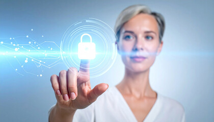 Human hand reaching toward a floating digital lock icon, symbolizing cybersecurity, data protection, and online privacy.