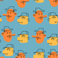 Cartoon Heads Seamless Pattern in Blue Background with Orange and Yellow Figures