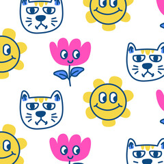 Fototapeta premium Cartoonish Seamless Pattern with Flowers Sun and Cat in Blue Yellow and Pink on White Background