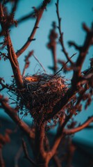 Close-up of a bird's nest cradled within the branches of a leafless tree, dusk