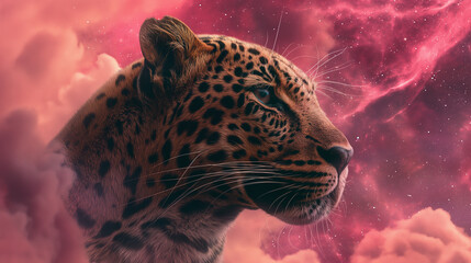 Retrato de leopardo contra uma nebulosa rosa e estrelada