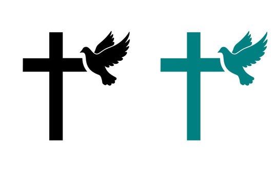 Black Vector Silhouette: Cross with Dove in Flight	