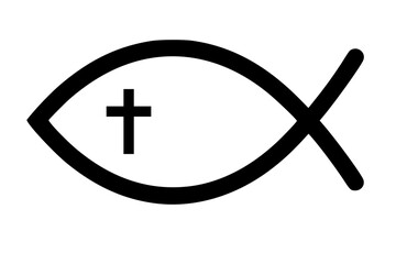 Fototapeta premium Black Vector Silhouette: Fish Symbol (Ichthys) with Simple Cross 