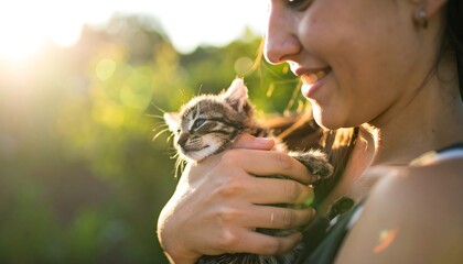 Woman Holding Kitten Outdoors Smiling in the Sun