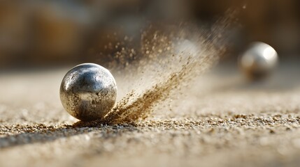 Silver Petanque Ball Arcing Through the Air Captures Precision and Skill in Outdoor Sports Action