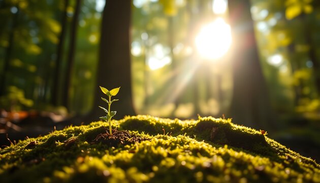 A small plant growing amidst moss and leaves, sunlight streaming through the trees in a lush, verdant forest, depth of field, 8k, highly detailed, cinematic lighting, vibrant colors, macro photography