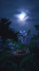 A bird's nest nestled among vibrant purple flowers under a soft, glowing moon