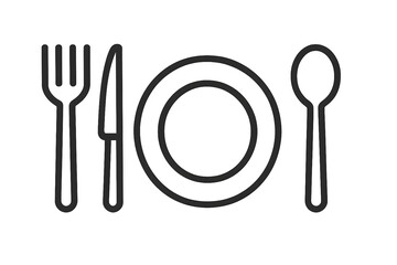 Dining setup illustration: fork, knife, spoon, and plate. 