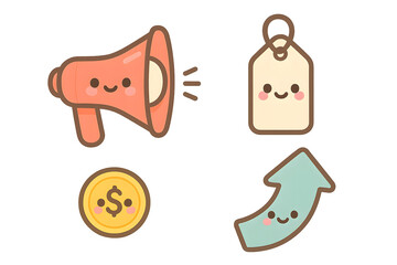 Illustrations with megaphone, tag, coin, and upward arrow 