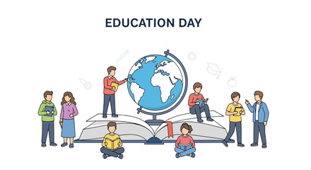 Education Day (books, globe, students). Holidays time. Back to school, Study, Learning, Knowledge and Education vector concept