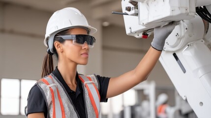 Industrial automation female engineer working with robotic arm factory setting technology professional environment focused viewpoint