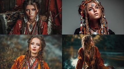 Fototapeta premium Composite of 4 portraits of a fair-skinned woman with braided hair and bohemian style clothing