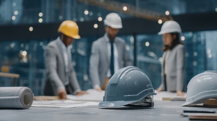 Construction planning meeting with professionals urban office space business collaboration bright environment team focus